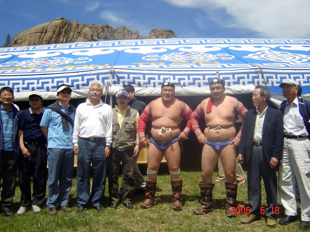 With Mongolian traditional wrestlers